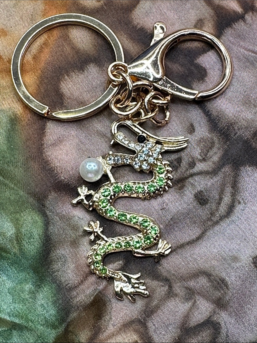 Gold Tone Green Crystal Dragon Keychain Charm